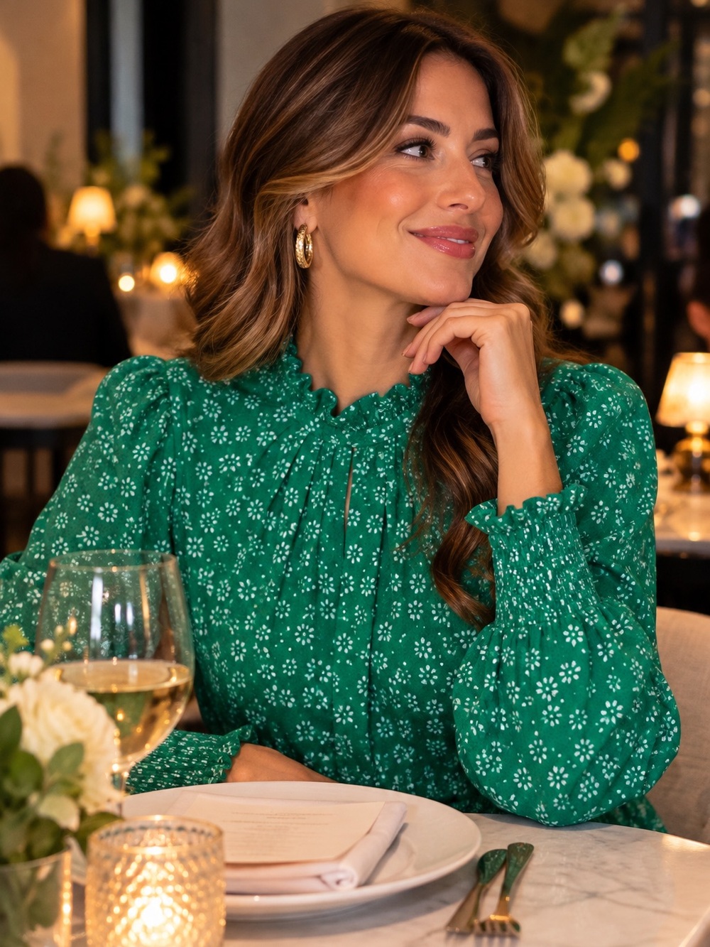Adrianna Papell Floral Ruffle Neck Long Sleeve Blouse M